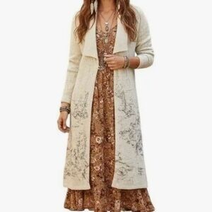 Coldwater Creek 100% Felted Wool Cream Forest Scene Cardigan Sweater